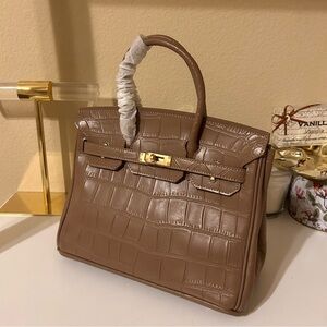 25cm Khaki Crocodile-Embossed Leather Satchel